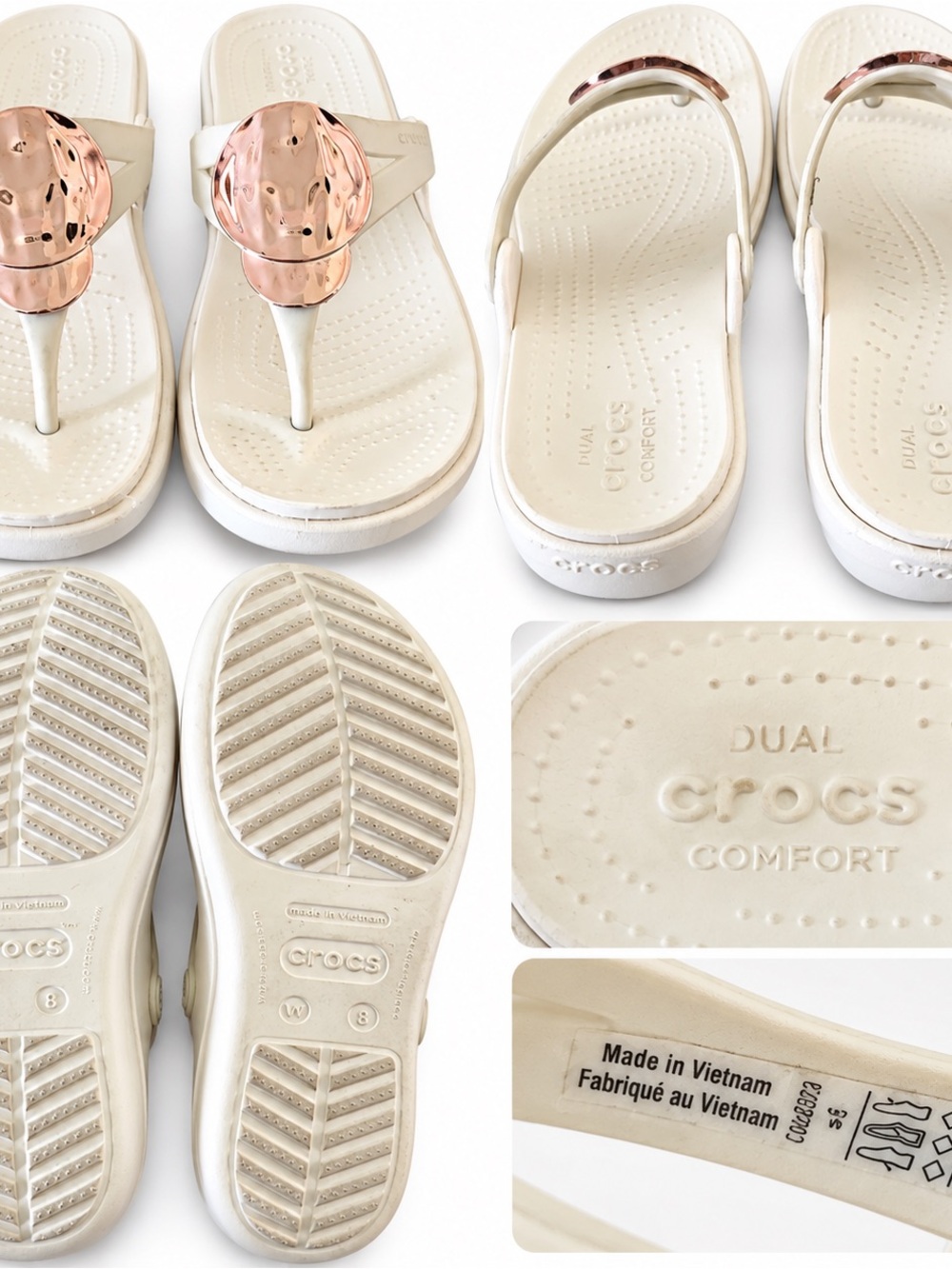 CROCS Women's Ivory Thong Sandals with Rose Gold Medallion